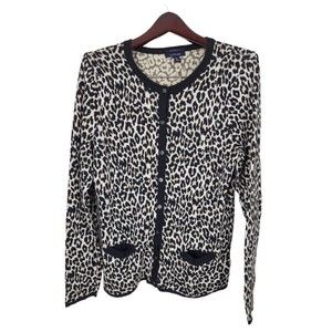 Land's End Supima Cotton Black & White Animal Print Cardigan Sweater‎ Size M